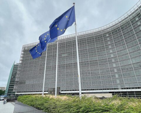 EU-Fahnen und Symbole der digitalen Regulierung, thematisierend Temus Geldbuße wegen illegaler Produkte.