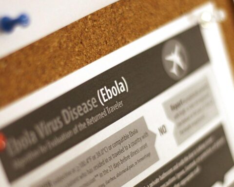Ebola-Hinweisplakat mit Warnungen, Gesundheitshinweisen und dem Appell zur sofortigen internationalen Hilfe.