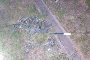 Zerstörter Einkaufswagen auf Gleisen, Lokomotive nebenan, Polizei untersucht Zugunfall in Neubrandenburg.