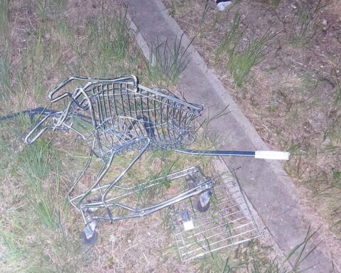 Zerstörter Einkaufswagen auf Gleisen, Lokomotive nebenan, Polizei untersucht Zugunfall in Neubrandenburg.