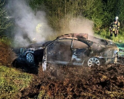 Flammen und Rauch von brennendem PKW, Feuerwehr beim Löschen, Vegetation betroffen.
