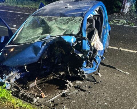 Ein verunglückter Pkw an einem Straßenbaum, Feuerwehr und Rettungsdienst im Einsatz.