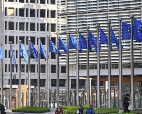 EU-Fahnen symbolisieren Unterstützung für Ukrainische EU-Teilmitgliedschaft, Diskussion im Europaparlament.