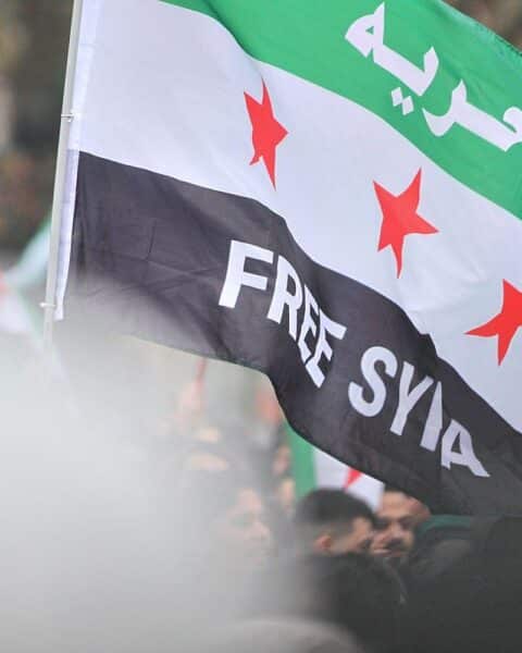Syrische Flüchtlinge feiern den Sturz von Assad in Deutschland mit fröhlicher Stimmung und Fahnen.