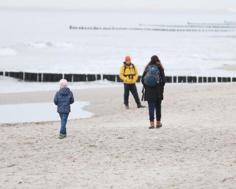 Strandlandschaft mit Familien, symbolisch für Gleichgewicht zwischen Beruf und Elternschaft während Elterngeldreform.