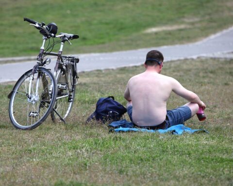 Sonnige Landschaft mit Menschen, die entspannt am Strand oder im Park liegen.