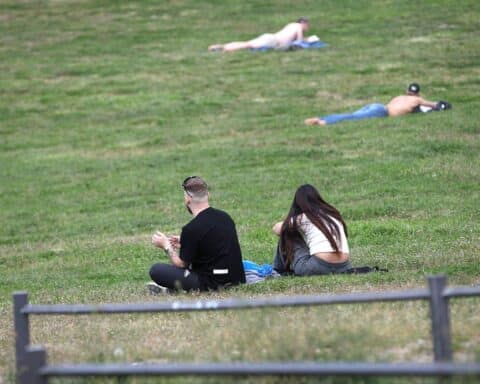 Junge Menschen genießen sonnigen Tag im Park, Umgeben von freundlichem Wetter und Natur.