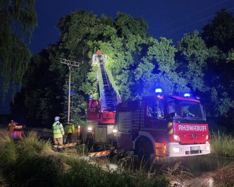 Feuerwehr im Einsatz, Äste entfernen, gefährliche Stromleitung, nächtlicher Notruf, schnelle Hilfe.