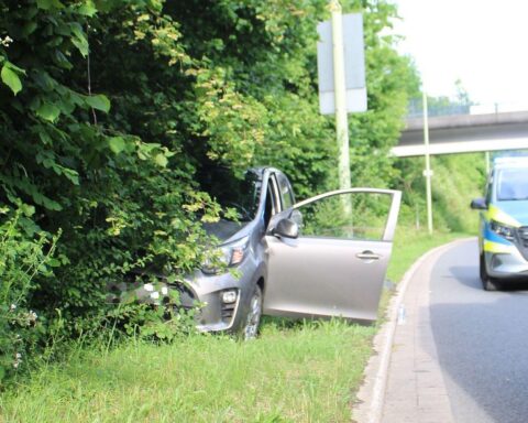 Ein Unfallfahrzeug im Straßengraben, umgeben von Buschwerk, Rettungsdienst im Hintergrund.