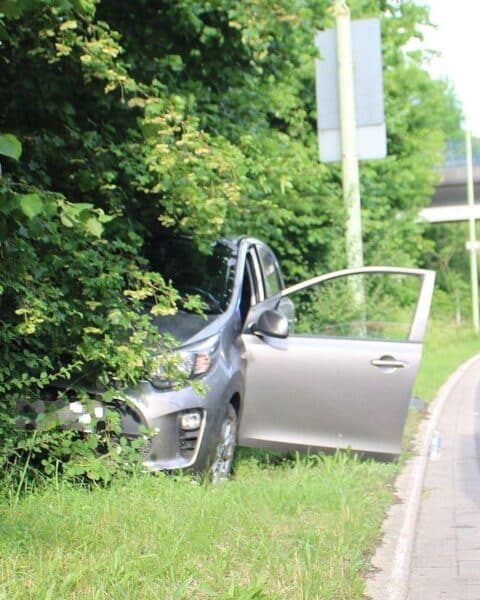 Ein Unfallfahrzeug im Straßengraben, umgeben von Buschwerk, Rettungsdienst im Hintergrund.