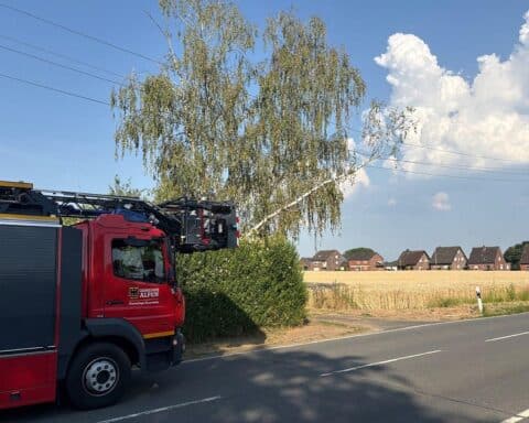 Freiwillige Feuerwehr entfernt umgestürzten Baum, der Stromleitung an Rheinberger Straße beschädigte.