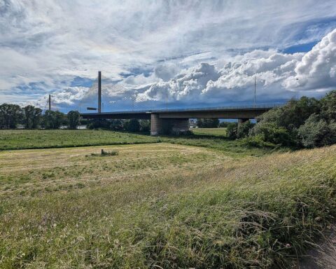 Bild der Nordbrücke in Bonn mit Baustellenschildern, umgeben von Verkehr und Radfahrern.