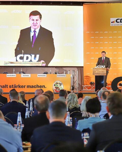 Sven Schulze spricht auf dem CDU-Landesparteitag über Wahlprogramm und Bürgerarbeit.