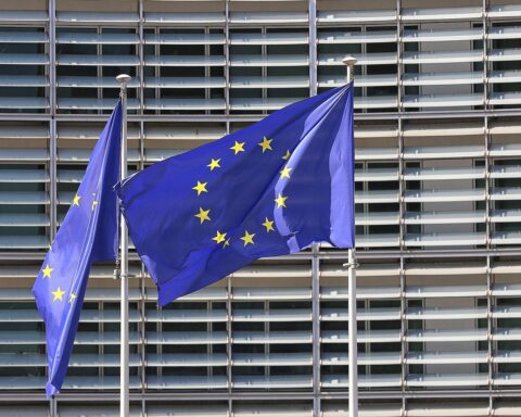EU-Fahnen symbolisieren Montenegros Fortschritt auf dem Weg zur EU-Mitgliedschaft und finanzieller Integration.