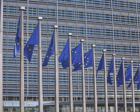 EU-Fahnen im Vordergrund, symbolisieren die Zusammenarbeit der Mitgliedstaaten in der Energiekrise.