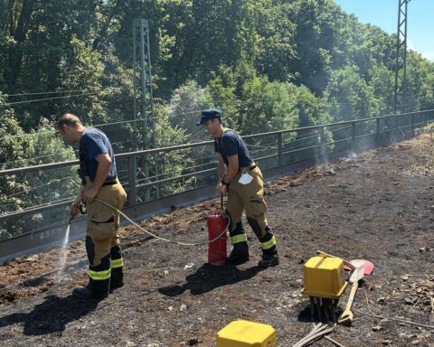 Feuerwehr löscht Vegetationsbrand am Hauptbahnhof Stuttgart zwischen Gleisen, Einsatzkräfte im Rettungszug.