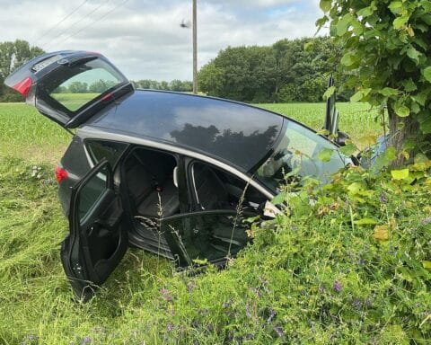 PKW nach Unfall gegen Baum geprallt; Feuerwehr sichert Unfallstelle, Verletzte im Krankenhaus.