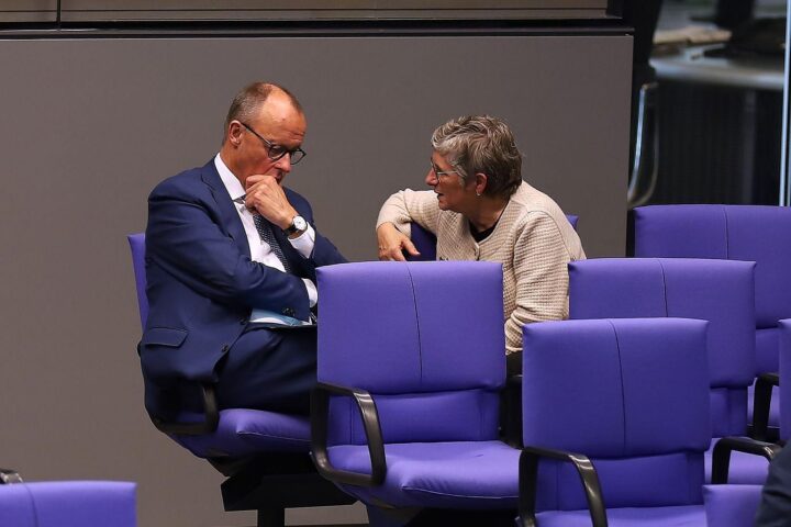 Britta Haßelmann kritisiert Friedrich Merz auf einer Sozialkonferenz der Brandenburger Grünen.
