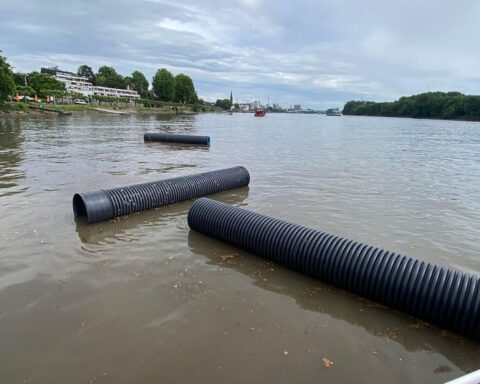 Kunststoffrohre schwimmen im Rhein, nach Regenfällen vom Salzbach geschwemmt, Einsatzkräfte bergen sie.