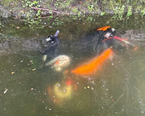 Motorroller im Affolderner See, unabsichtlich ins Wasser gefallen, Polizei und Feuerwehr im Einsatz.