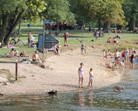 Badende Personen bei Hitze, unter strahlendem Sonnenschein, illustrieren den warmen Juni in Sachsen-Anhalt.