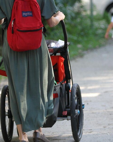 Mutter mit Kind im Kinderwagen, Symbol für Fruchtbarkeit und Familie in Gesundheitsforschung.
