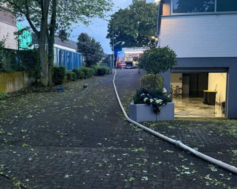 Einsatzkräfte der Feuerwehr bewältigen Unwetterschäden: überflutete Keller, umgestürzte Bäume, Stadtalarm in Bergheim.