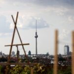 Dachterrasse in Berlin mit Blick auf den Fernsehturm und bewölkten Himmel.
