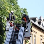 Feuerwehr löscht Brand eines Einfamilienhauses, zwei leblose Personen gefunden, Nachbarhäuser geschützt.