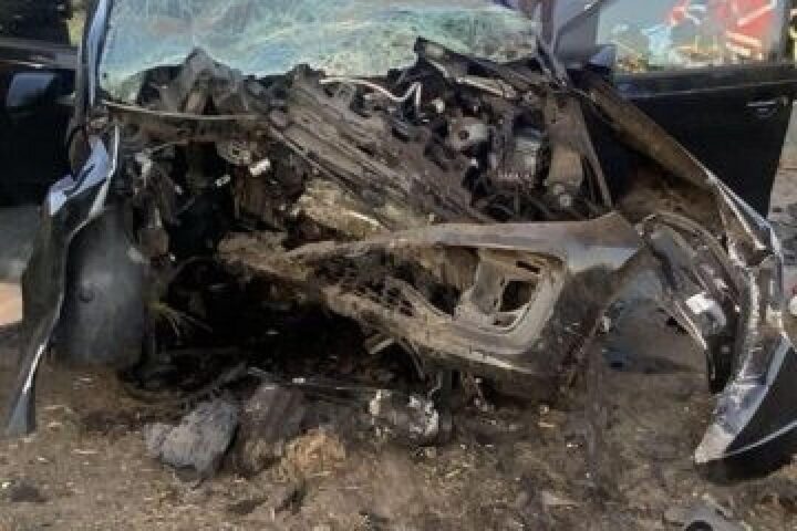 Zertrümmertes Auto nach Unfall bei Jork-Hove: VW prallt frontal gegen einen Baum, Einsatzkräfte sichern die Stelle.