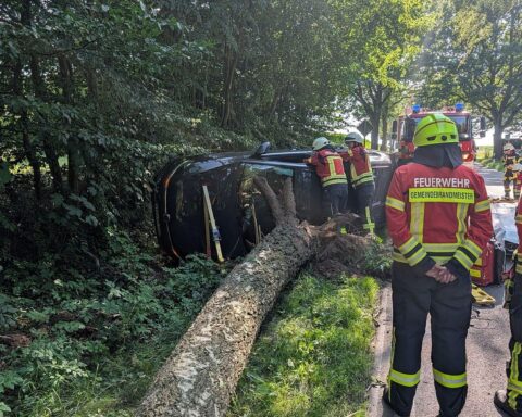 Schwerer Verkehrsunfall bei Harsefeld: umgestürzte Birke, seitlich liegender Golf und Rettungskräfte am Straßenrand.