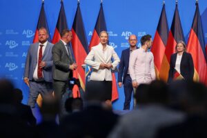 AfD-Vorstand im Archiv; Umfragewerte zeigen AfD 29%, Union 21%, SPD/Grüne je 13%.