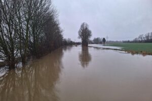 Überschwemmte Landschaft mit Fluss Aue, unzureichender Hochwasserschutz, dringender Handlungsbedarf zur Flächenrenaturierung.