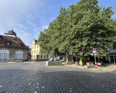 Grüne Flächen, Wasserinstallationen und Schattenbereiche in Bambergs Innenstadt für Klimaanpassung.