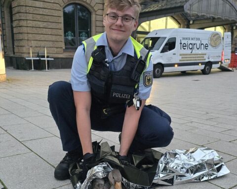 Gerettete Graugans von Bundespolizisten am Gleis, mit sichtbaren Verletzungen, fürsorglich betreut.