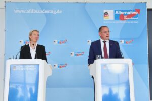 Alice Weidel und Tino Chrupalla lächeln zusammen, symbolisieren ihre Doppelspitze für die AfD.