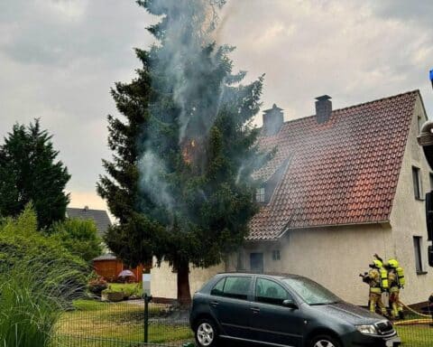 20 Meter hohe Tanne brennt nach Blitzeinschlag, Feuerwehr löscht mit Drehleiter und Wärmebildkamera in Detmold.