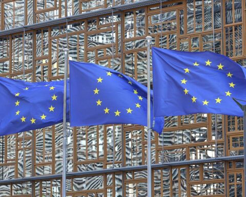 EU-Fahnen im Vordergrund, symbolisieren Diskussion über Ukrainisches EU-Mitgliedschaftsmodell und notwendige Reformen.