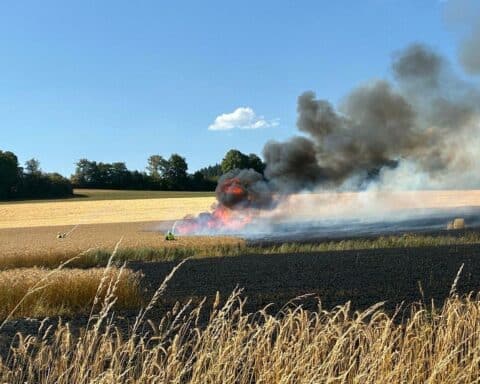 Feuerwehren bekämpfen einen Flächenbrand auf einem Gerstenfeld bei Schwirzheim, mehrere Hektar Getreide beschädigt.
