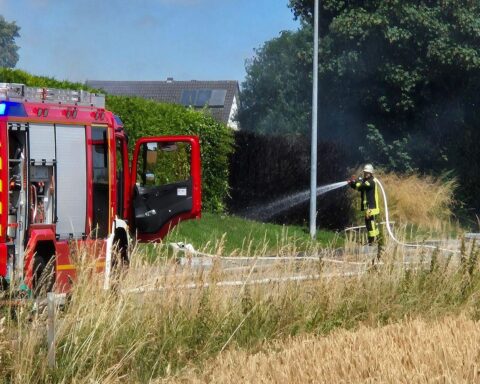 Feuerwehr löscht Heckenbrand, Einsatzkräfte mit Schläuchen, trockene Umgebung, hohe Brandgefahr sichtbar.