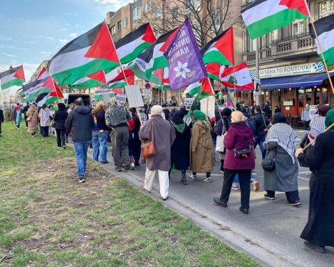 Große Menschenmenge bei Palästina-Demo in Berlin, protestierend gegen Unterstützung für Märtyrer-Renten.