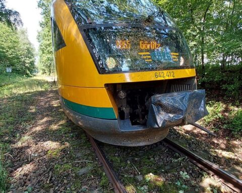 Ein umgestürzter Baum liegt auf den Gleisen, während eine Regionalbahn bei Görlitz kollidiert.