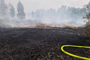 Flammen und Rauch aus einem ehemaligen Kohlebergbau, Feuerwehrkräfte im Einsatz.