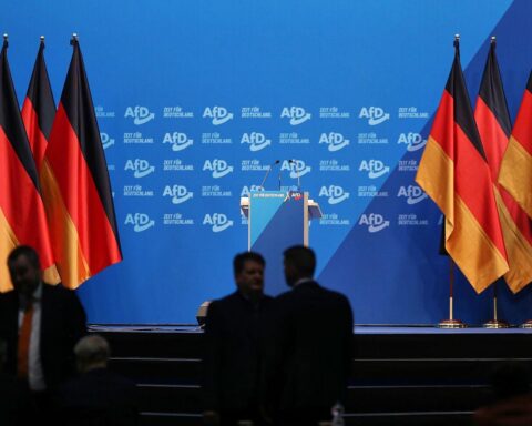 Protestierende Menschen vor AfD-Parteitag, Transparenten in der Hand, friedliche Demonstration für Demokratie.