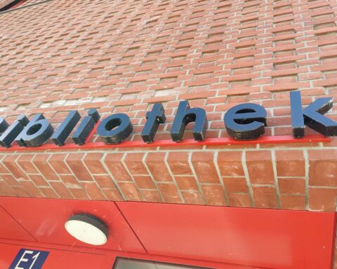 Menschen in einer Bibliothek, die Bücher lesen und sich austauschen, an einem Sonntag.