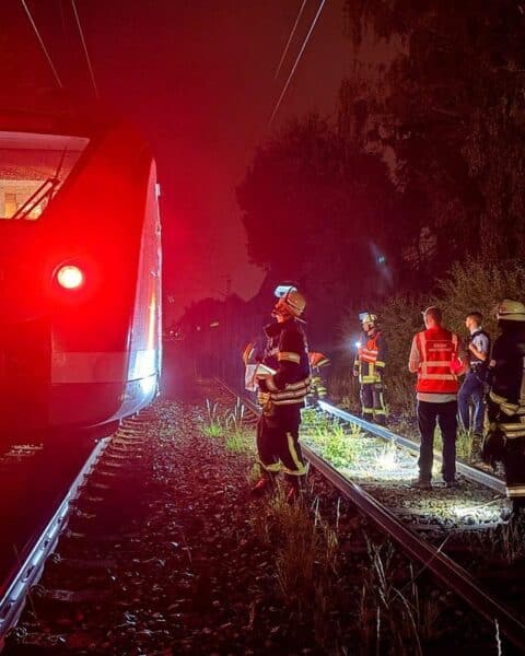 S-Bahn kollidiert in Dortmund mit umgestürztem Baum; Feuerwehr leuchtet und evakuiert Fahrgäste.