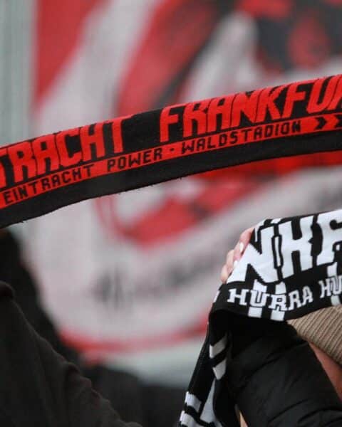 Fans von Eintracht Frankfurt (Archiv): Eintracht-Fans, Fußballstadion, Hinweis auf Neuzugang Raphael Onyedika.