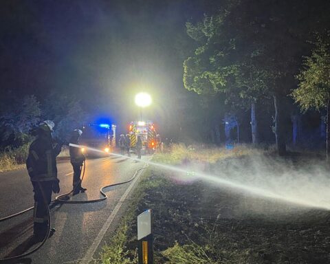 Feuerwehr im Einsatz an der L371: brennender Grünstreifen, Löscharbeiten und Wärmebilddrohne (Archiv).