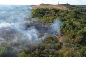 Feuerwehr löscht großen Flächenbrand auf Halde 22 in Gladbeck; Rauchentwicklung und Einsatzkräfte vor Ort.