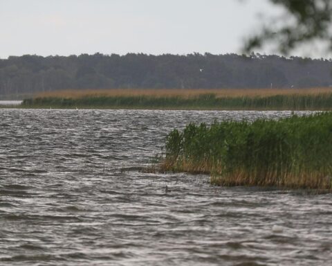 Stettiner Haff bei Schwerin: bewölkter Himmel über dem Wasser, ruhige Wetterlage im Archivfoto.